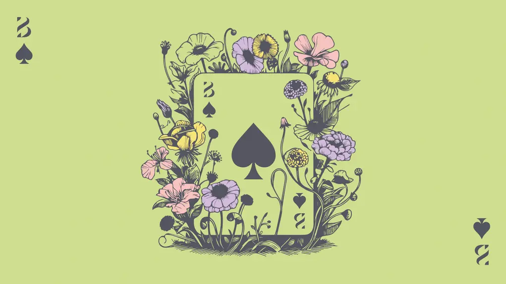 An illustration of a playing card surrounded by flowers
