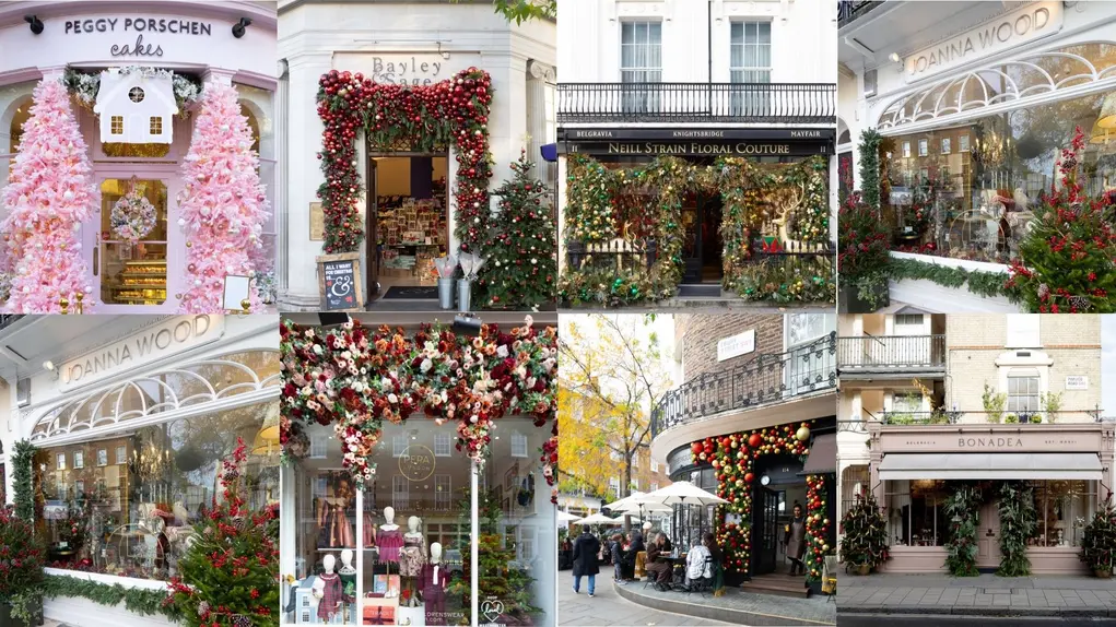 Collage of eight images of Belgravia shopfronts dressed for Christmas