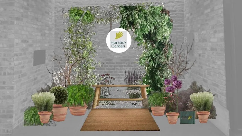 An illustration of a floral display with an archway and plants in pots