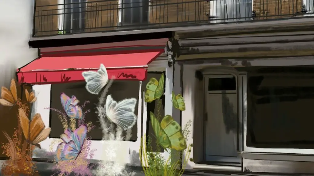 An illustration of the shop Jo Loves decorated with butterflies