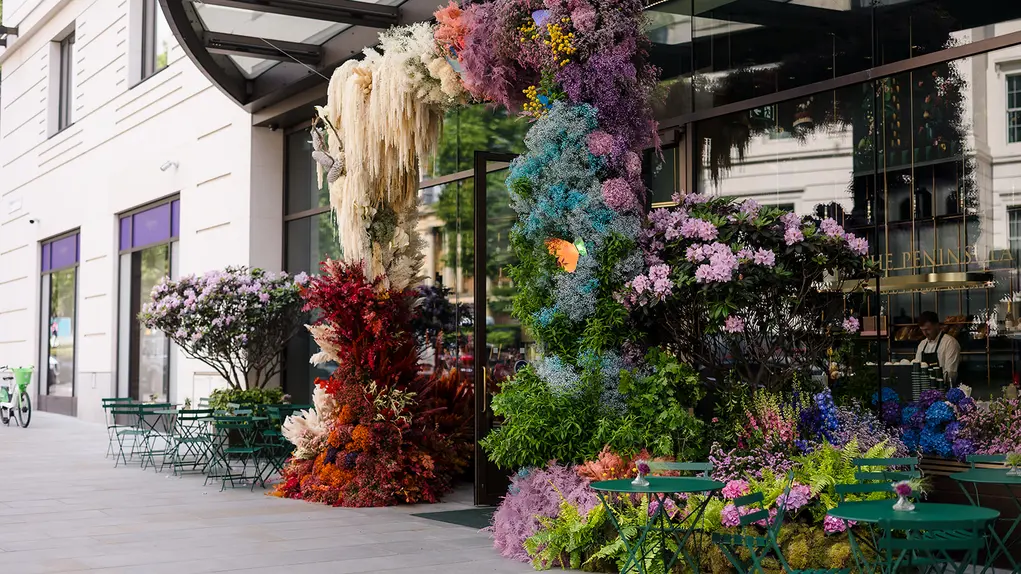 Outside of The Peninsula London with its Belgravia in Bloom display