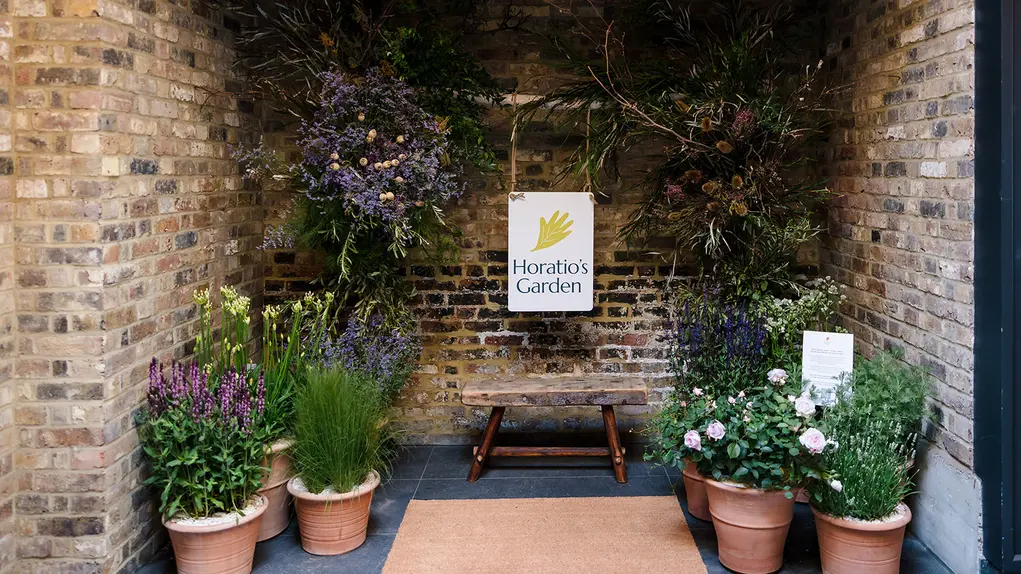 A bench surrounded by pots of flowers