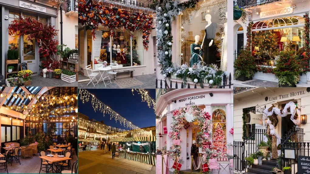 Collage showing eight images of Christmas window displays