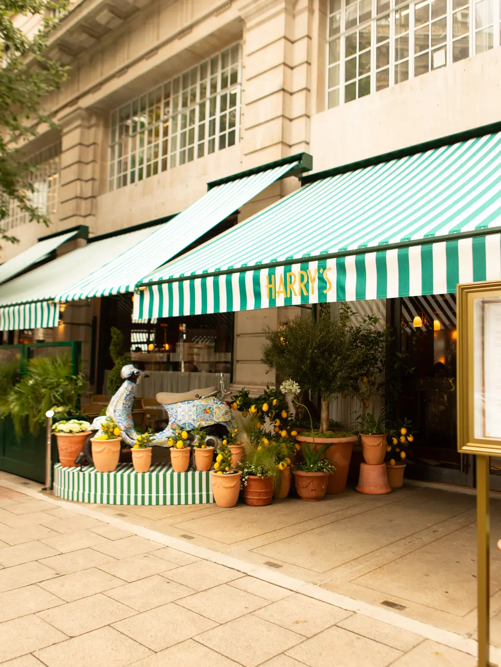 The outside of Harry's restaurant with green and white striped awning and plant pots