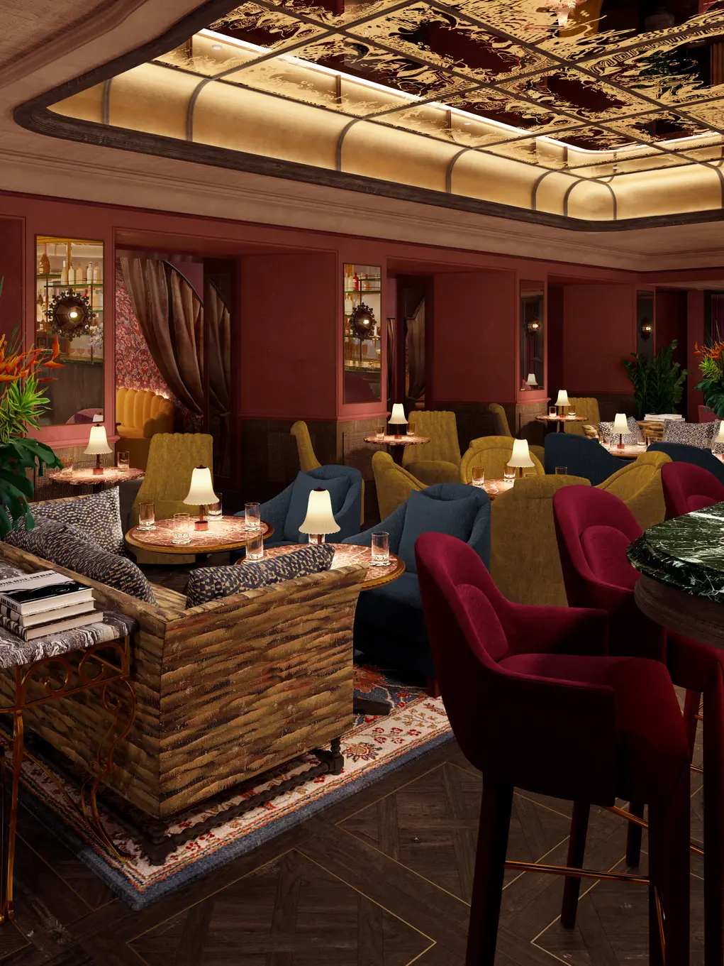 The inside of Luum with small lamps and cosy velvet armchairs