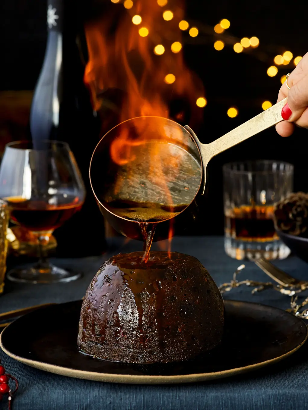 A flaming Christmas pudding