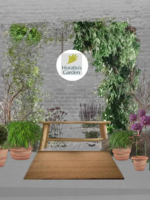 An illustration of a floral display with an archway and plants in pots
