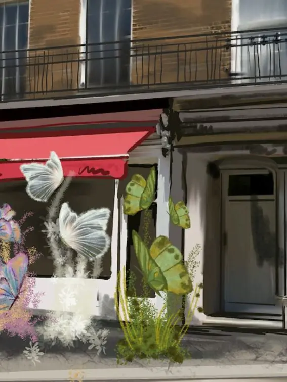 An illustration of the shop Jo Loves decorated with butterflies