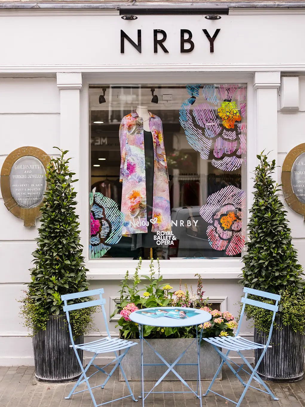 Outside of NRBY with two pot plants outside during Belgravia in Bloom