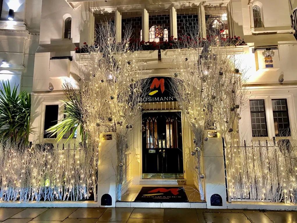 The outside of Mosimann's with Christmas decorations