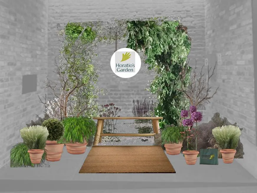 An illustration of a floral display with an archway and plants in pots