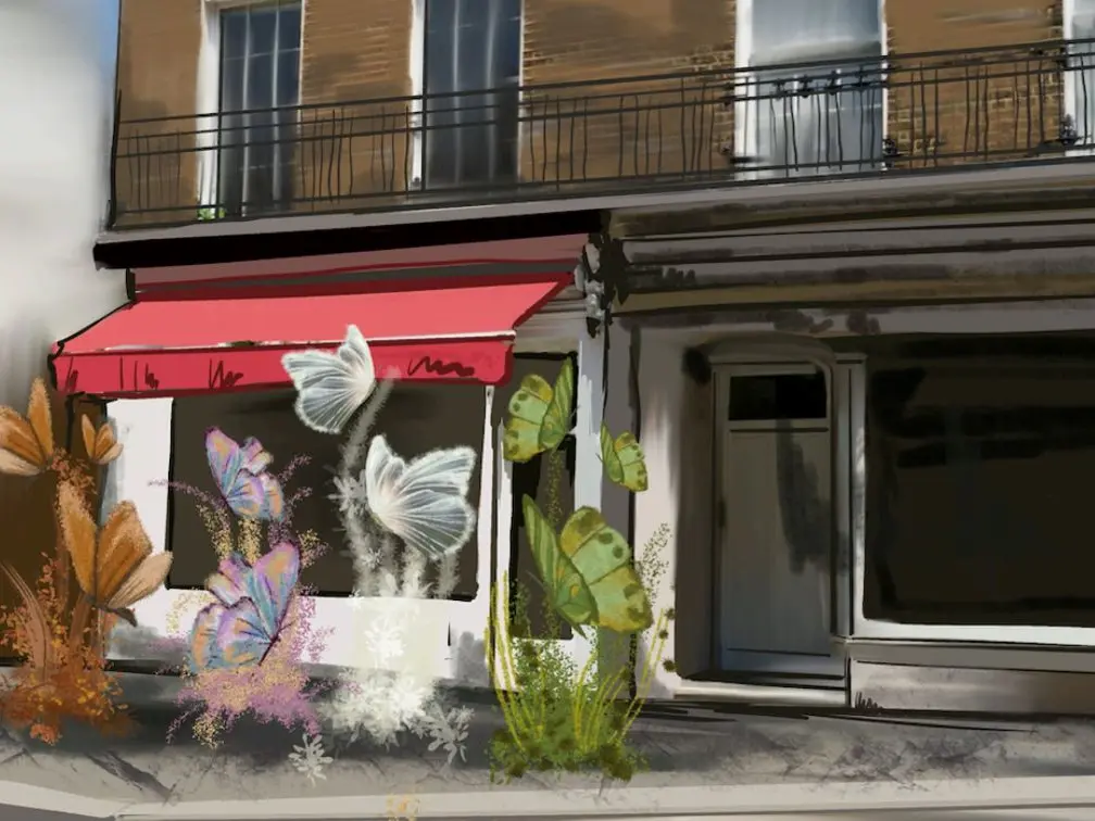 An illustration of the shop Jo Loves decorated with butterflies