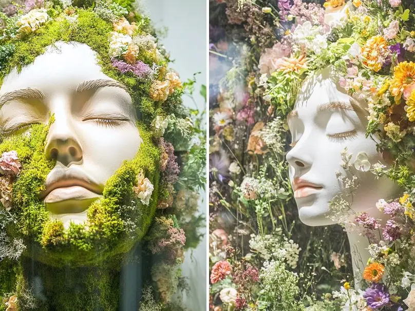 Two pictures of mother nature covered in flowers