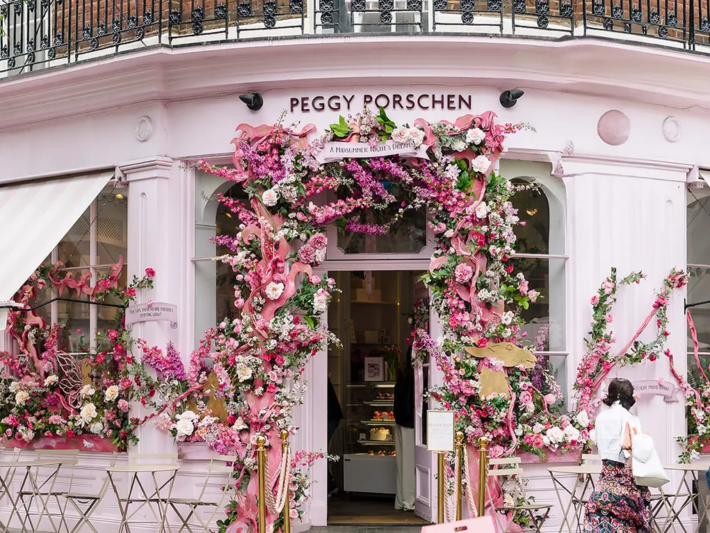 Outside of Peggy Porschen with its floral display