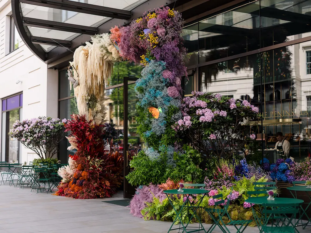 Outside of The Peninsula London with its Belgravia in Bloom display