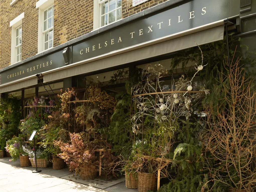 Outside of Chelsea Textiles with its floral display